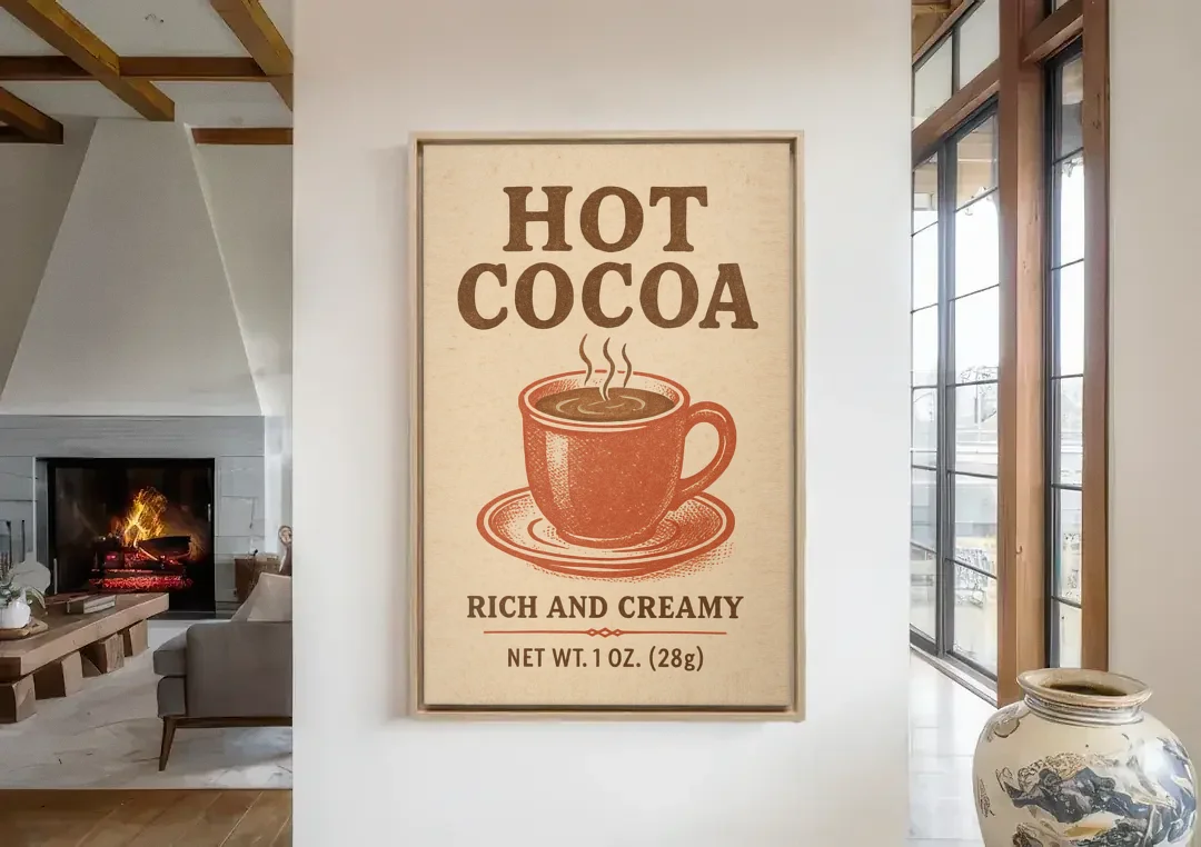 Vintage Creamy Hot Cocoa canvas wall art in a living room with a fireplace