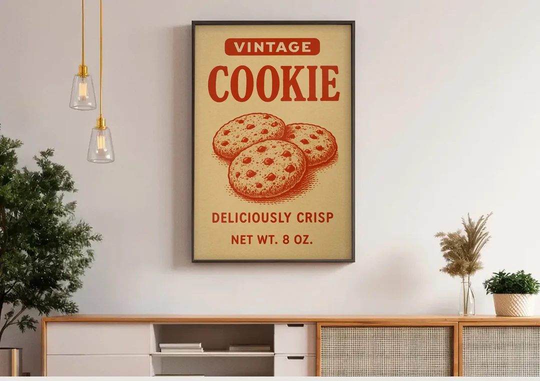 Vintage Deliciously Crisp Cookie canvas wall art above a wooden sideboard under pendant lights