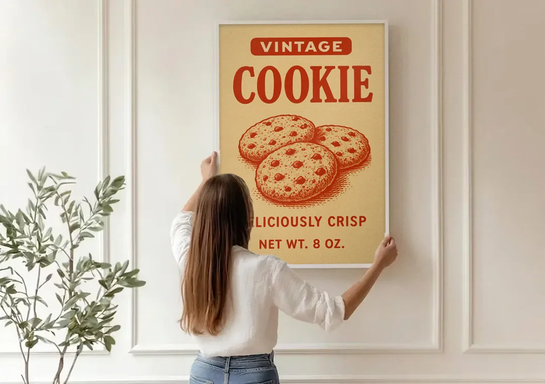 Vintage Deliciously Crisp Cookie canvas wall art being hung on a paneled wall