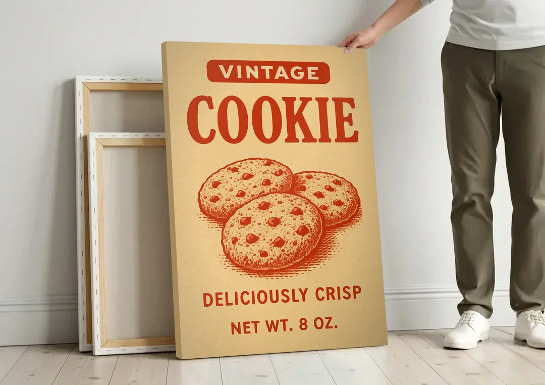 Vintage Deliciously Crisp Cookie canvas wall art leaning against a wall next to blank canvases
