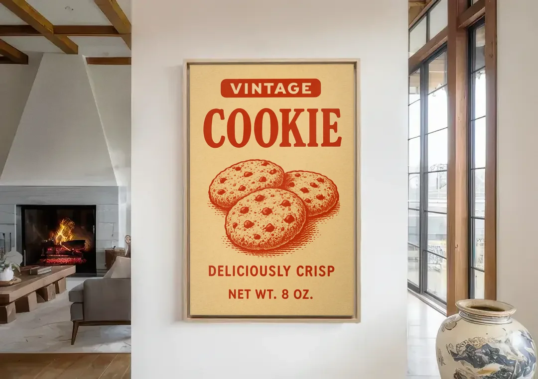 Vintage Deliciously Crisp Cookie canvas wall art in a living room with a fireplace