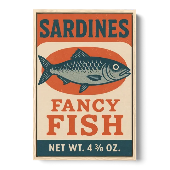 Vintage Fancy Fish Sardines - Oak Framed Canvas Wall Art - Front