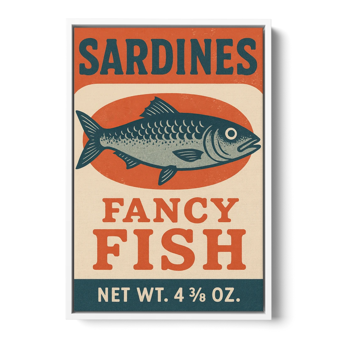 Vintage Fancy Fish Sardines - White Framed Canvas Wall Art - Front
