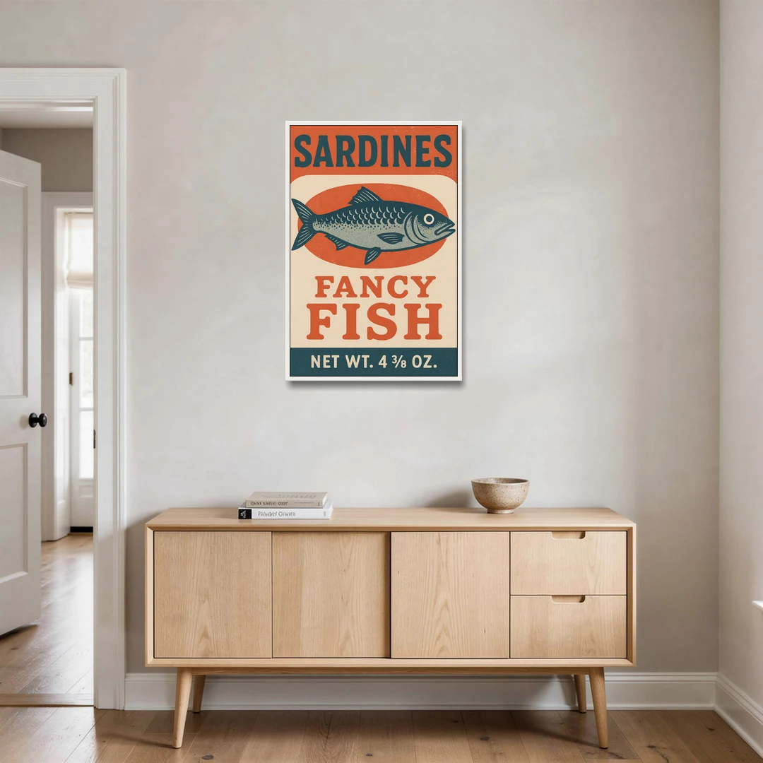 Vintage Fancy Fish Sardines - White Framed Canvas Wall Art - Coffee Table - 24x36