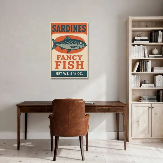 Vintage Fancy Fish Sardines - Oak Framed Canvas Wall Art - Office - 24x36
