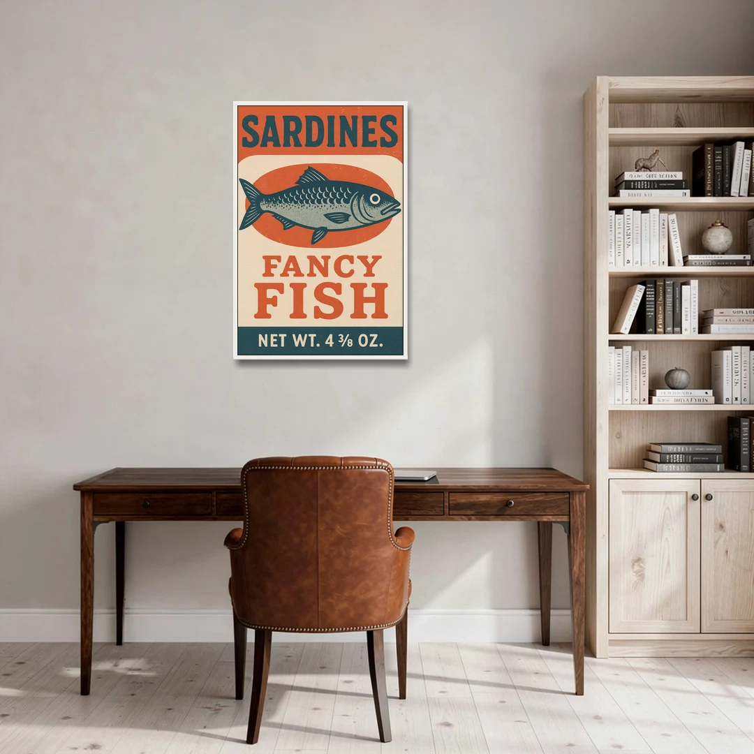 Vintage Fancy Fish Sardines - White Framed Canvas Wall Art - Office - 24x36