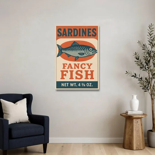 Vintage Fancy Fish Sardines - Oak Framed Canvas Wall Art - Sofa - 24x36