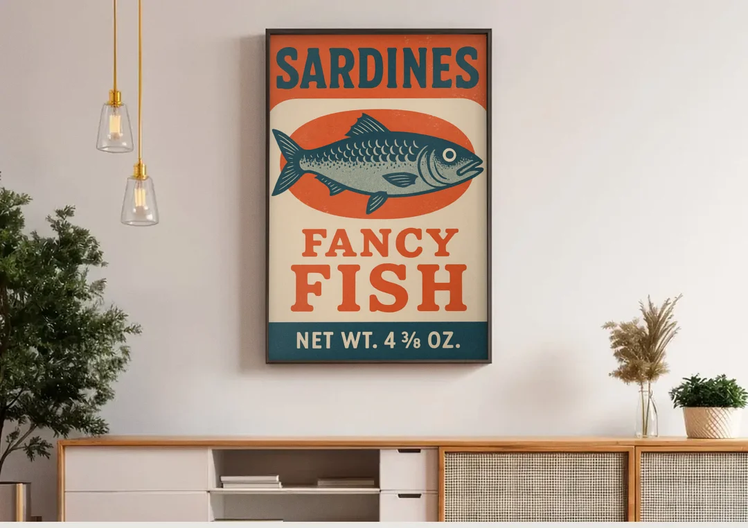 Vintage Fancy Fish Sardines canvas wall art above a wooden sideboard under pendant lights