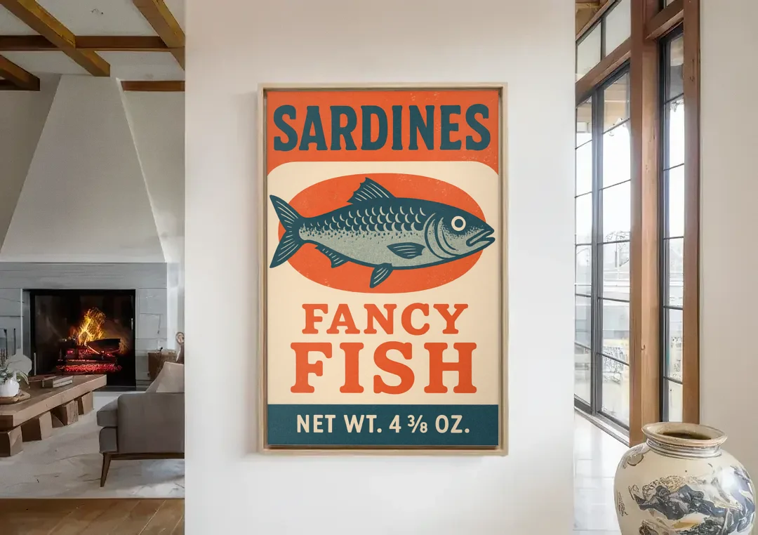 Vintage Fancy Fish Sardines canvas wall art in a living room with a fireplace