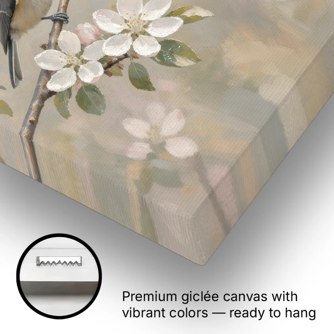 Vintage Floral Wall Art with Chickadees on Apple Blossom - Canvas Wall Art - Gallery Wrap Corner