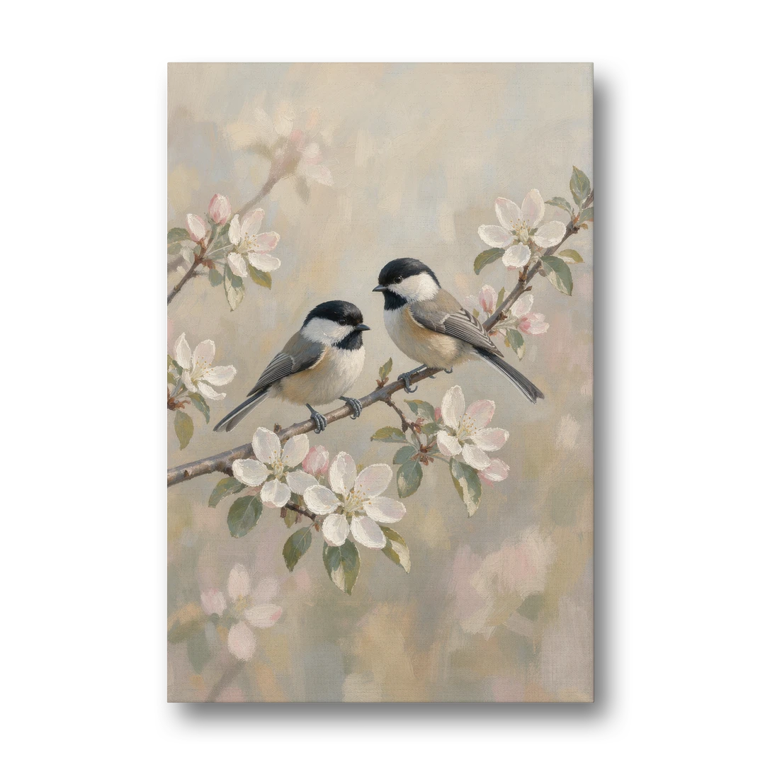 Vintage Floral Wall Art with Chickadees on Apple Blossom - Canvas Wall Art - Front