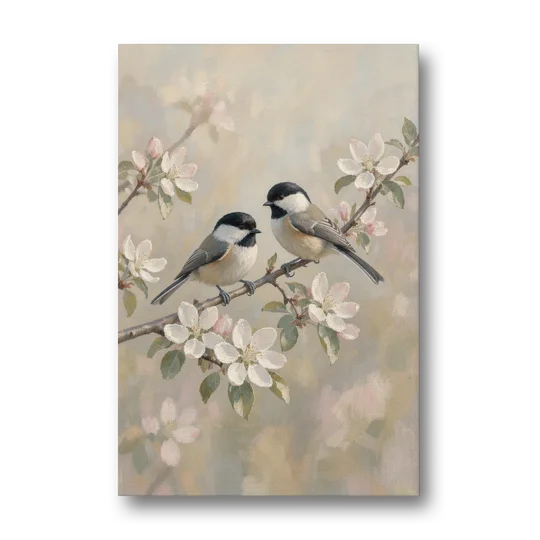 Vintage Floral Wall Art with Chickadees on Apple Blossom - Canvas Wall Art - Front