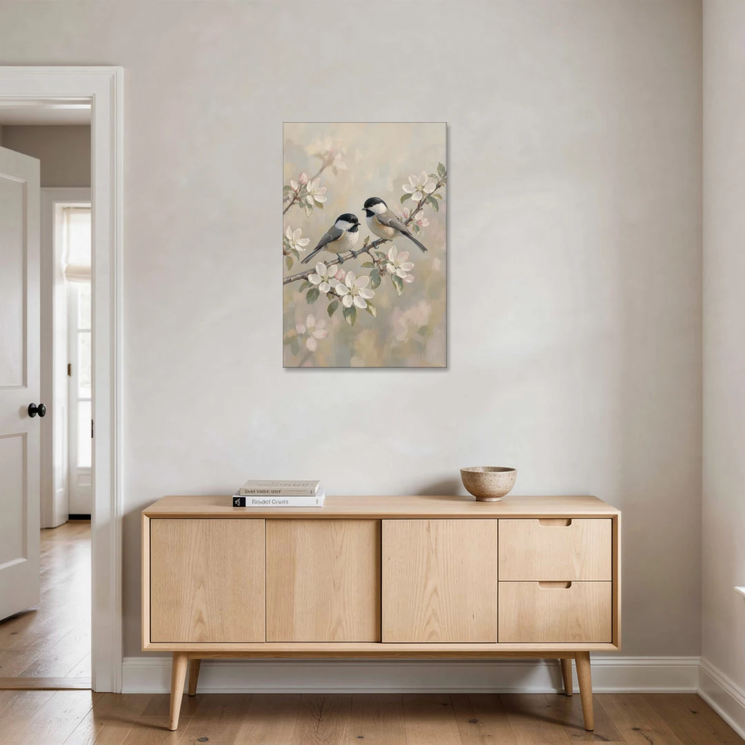 Vintage Floral Wall Art with Chickadees on Apple Blossom - Canvas Wall Art - Coffee Table - 24x36