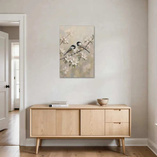 Vintage Floral Wall Art with Chickadees on Apple Blossom - Canvas Wall Art - Coffee Table - 24x36