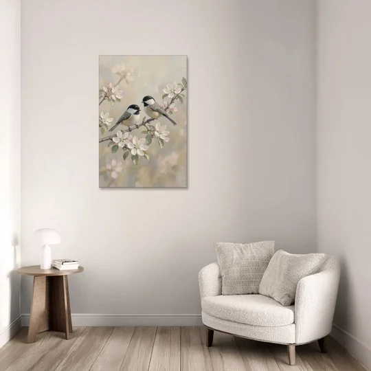 Vintage Floral Wall Art with Chickadees on Apple Blossom - Canvas Wall Art - Sofa - 24x36