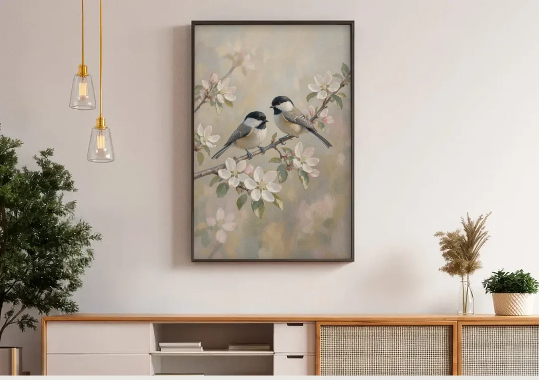Vintage Floral Wall Art with Chickadees on Apple Blossom canvas wall art above a wooden sideboard under pendant lights