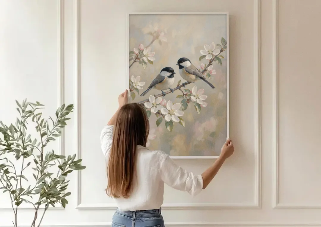 Vintage Floral Wall Art with Chickadees on Apple Blossom canvas wall art being hung on a paneled wall