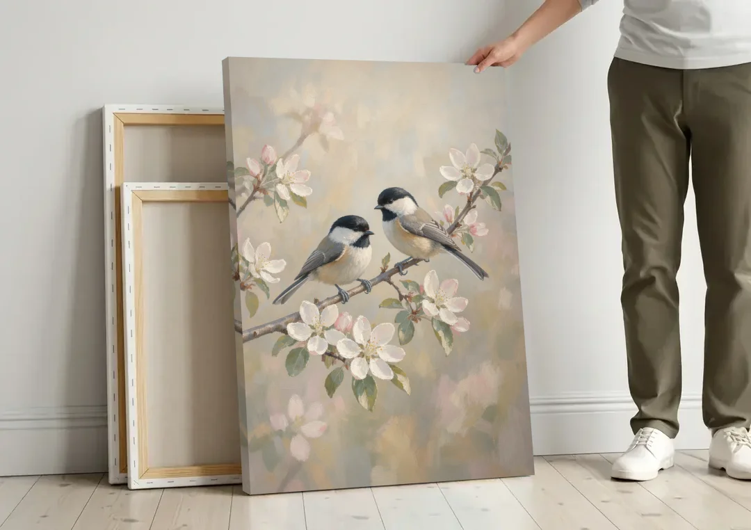 Vintage Floral Wall Art with Chickadees on Apple Blossom canvas wall art leaning against a wall next to blank canvases