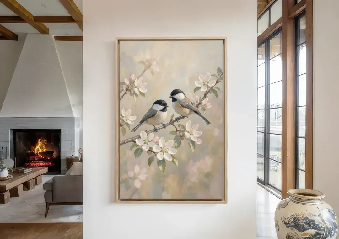 Vintage Floral Wall Art with Chickadees on Apple Blossom canvas wall art in a living room with a fireplace