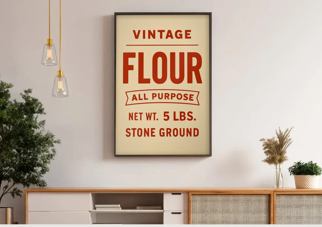 Vintage Flour canvas wall art above a wooden sideboard under pendant lights