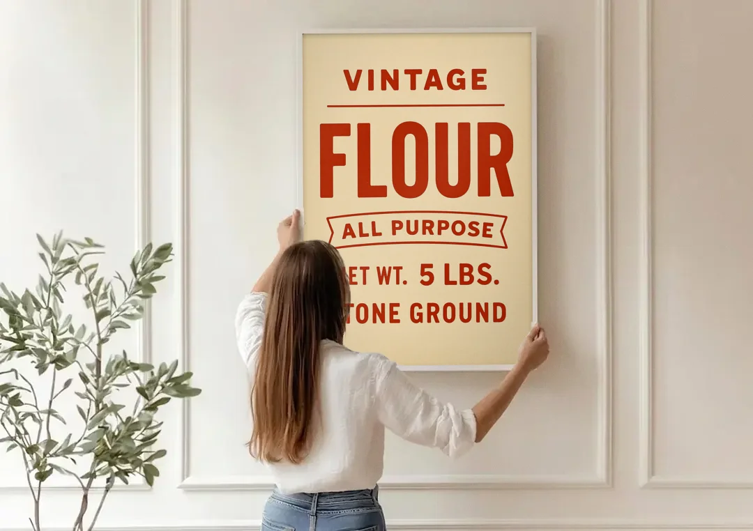 Vintage Flour canvas wall art being hung on a paneled wall