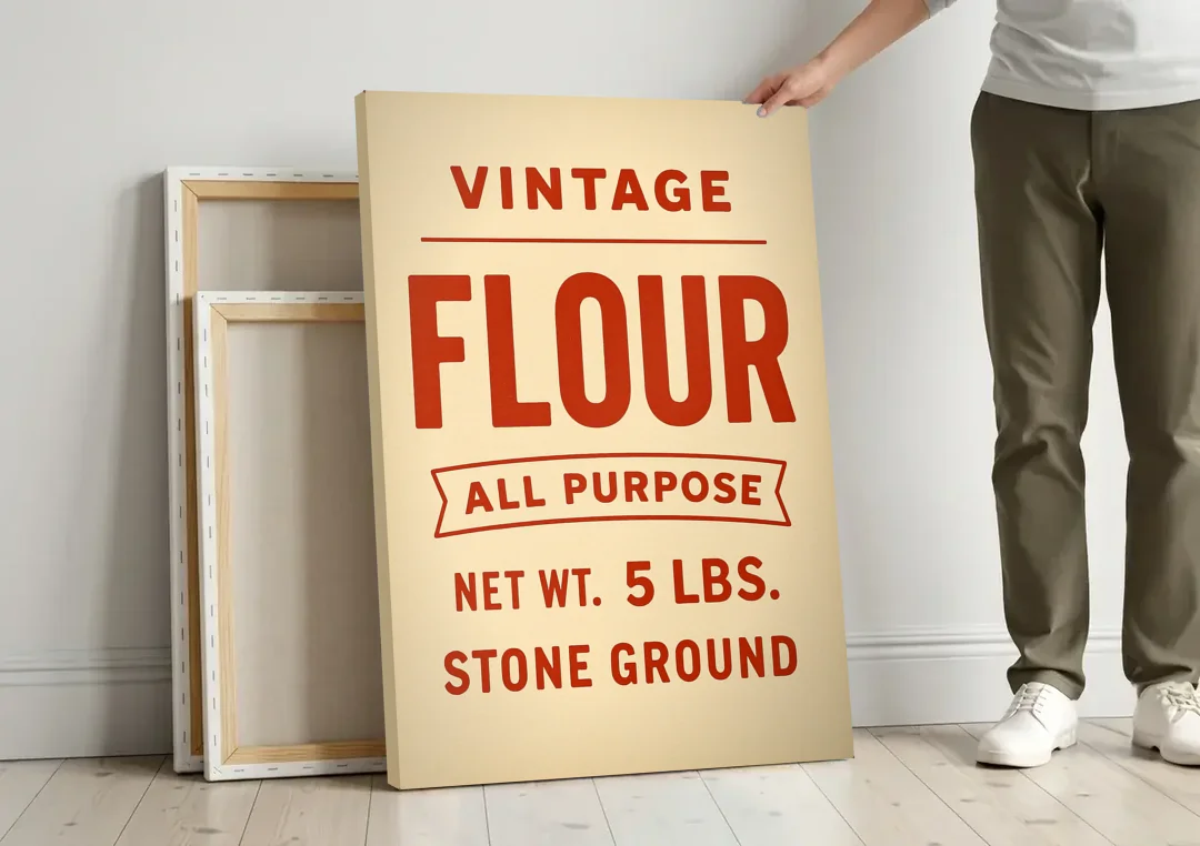 Vintage Flour canvas wall art leaning against a wall next to blank canvases
