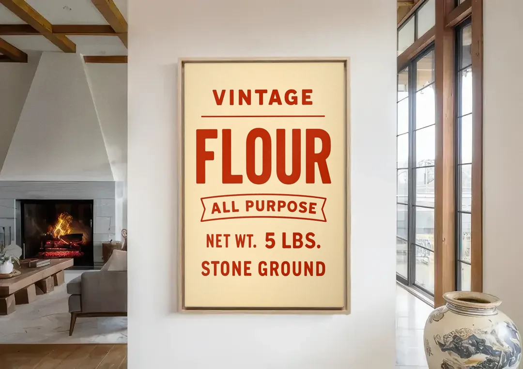 Vintage Flour canvas wall art in a living room with a fireplace