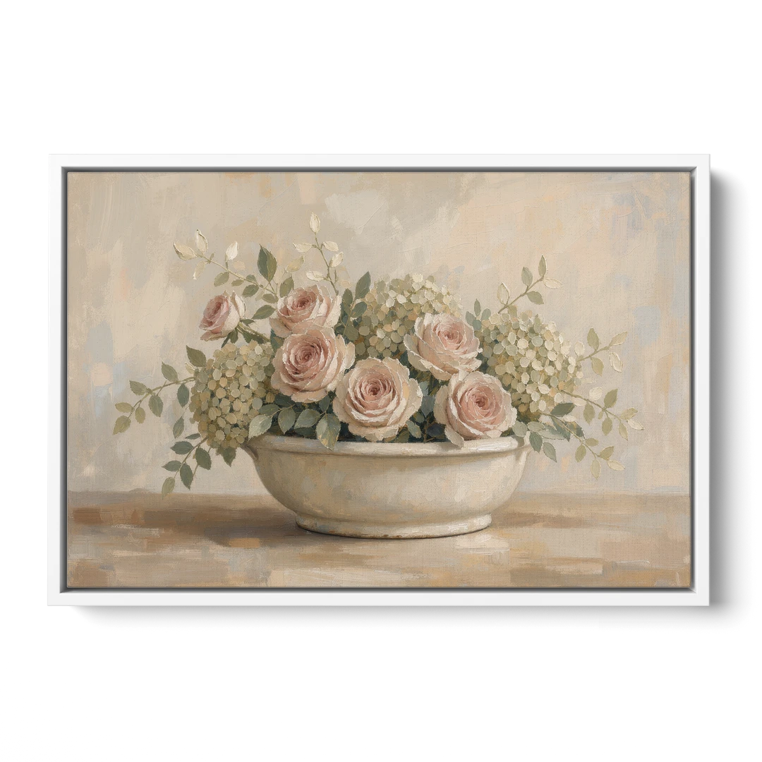 Vintage Flower Wall Art of Roses and Hydrangea - White Framed Canvas Wall Art - Front