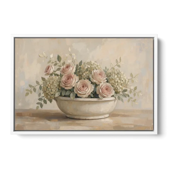 Vintage Flower Wall Art of Roses and Hydrangea - White Framed Canvas Wall Art - Front