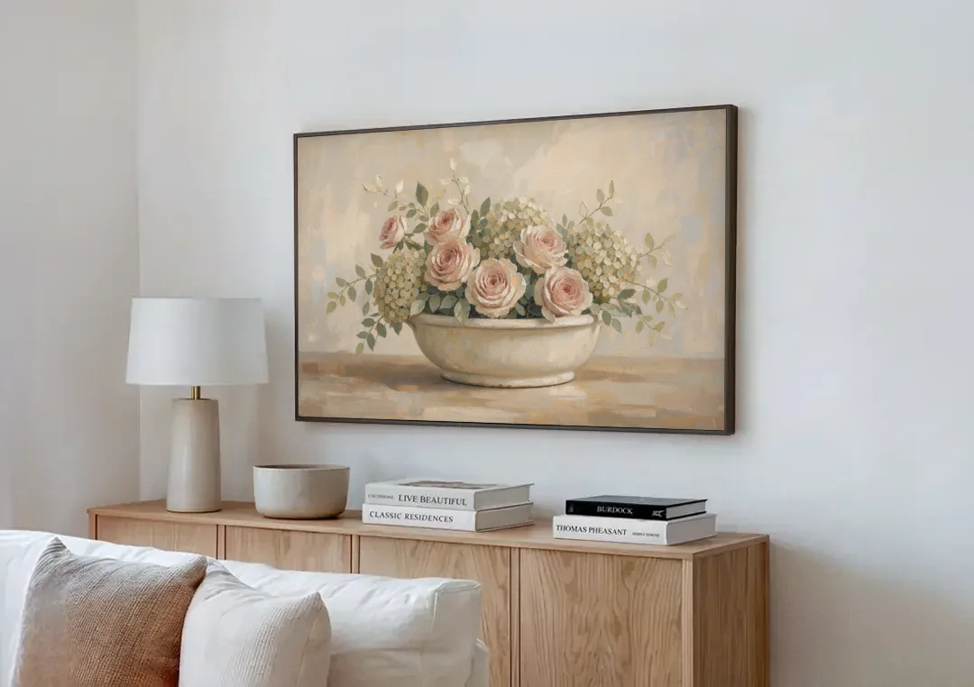 Vintage Flower Wall Art of Roses and Hydrangea canvas wall art above a wooden sideboard next to a sofa