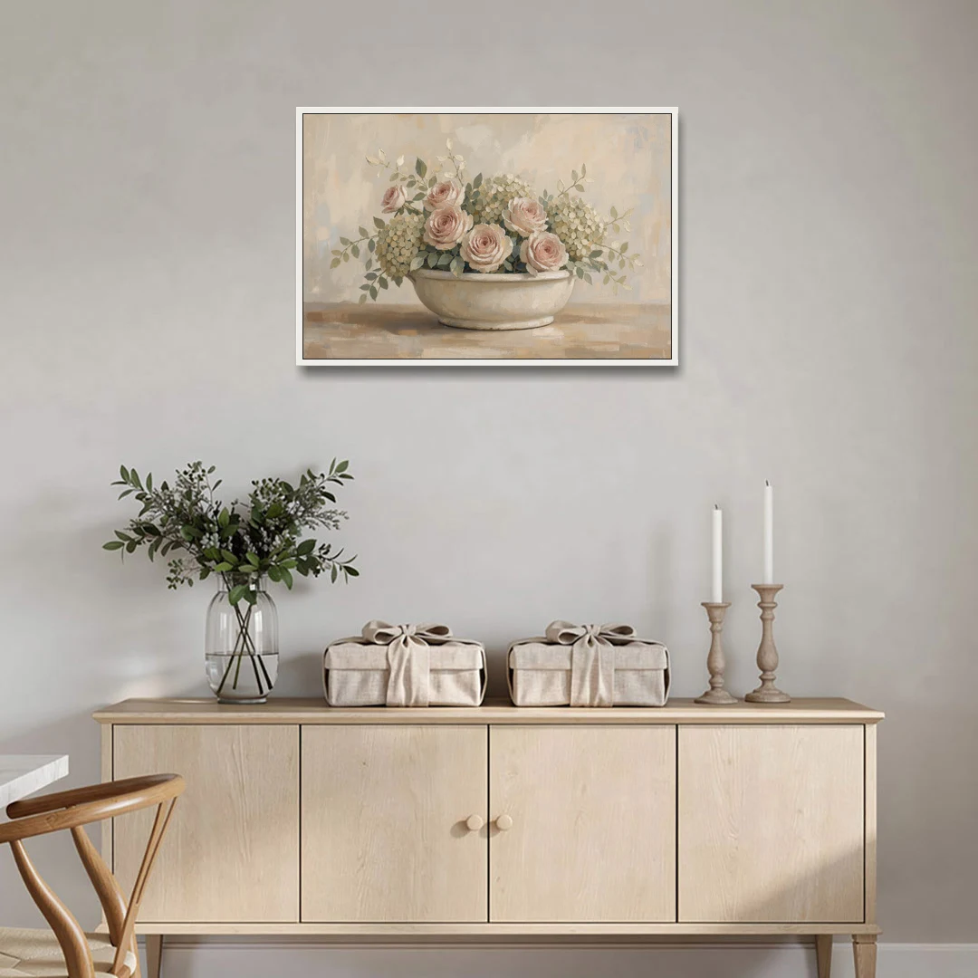 Vintage Flower Wall Art of Roses and Hydrangea - White Framed Canvas Wall Art - Coffee Table - 36x24