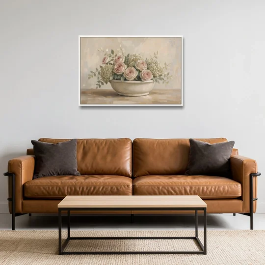 Vintage Flower Wall Art of Roses and Hydrangea - White Framed Canvas Wall Art - Sofa - 36x24