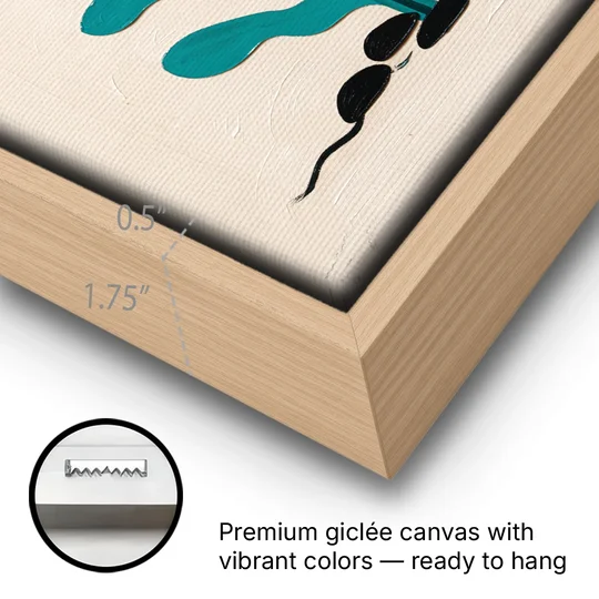 Vintage French Wall Art with Aqua Seaweed Fronds - Oak Framed Canvas Wall Art - Gallery Wrap Corner