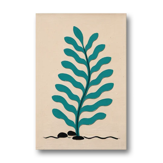 Vintage French Wall Art with Aqua Seaweed Fronds - Canvas Wall Art - Front