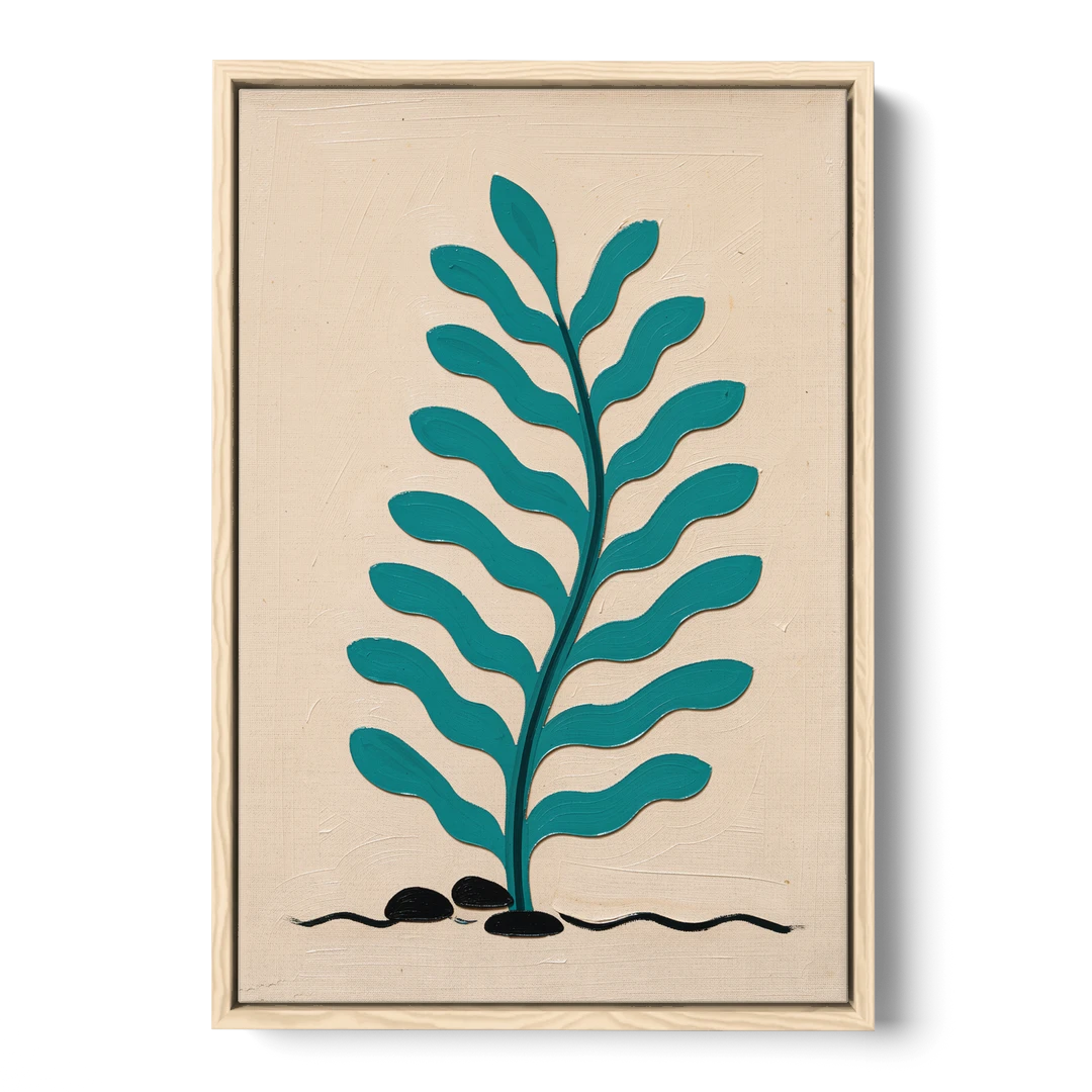 Vintage French Wall Art with Aqua Seaweed Fronds - Oak Framed Canvas Wall Art - Front