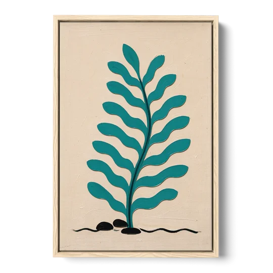 Vintage French Wall Art with Aqua Seaweed Fronds - Oak Framed Canvas Wall Art - Front