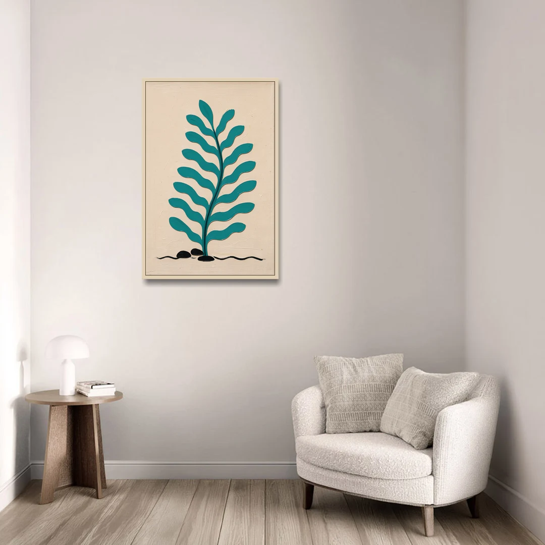 Vintage French Wall Art with Aqua Seaweed Fronds - Oak Framed Canvas Wall Art - Sofa - 24x36