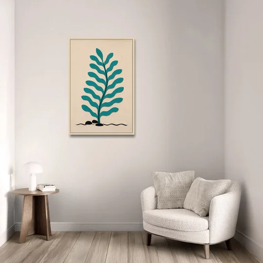 Vintage French Wall Art with Aqua Seaweed Fronds - Oak Framed Canvas Wall Art - Sofa - 24x36