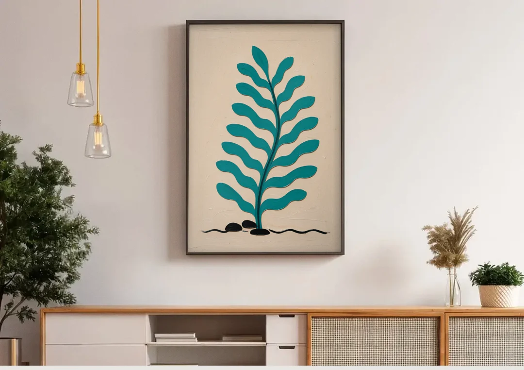 Vintage French Wall Art with Aqua Seaweed Fronds canvas wall art above a wooden sideboard under pendant lights