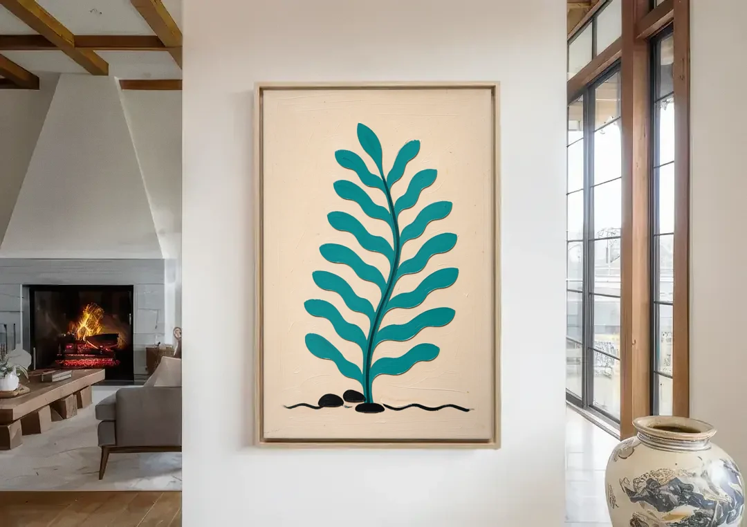 Vintage French Wall Art with Aqua Seaweed Fronds canvas wall art in a living room with a fireplace