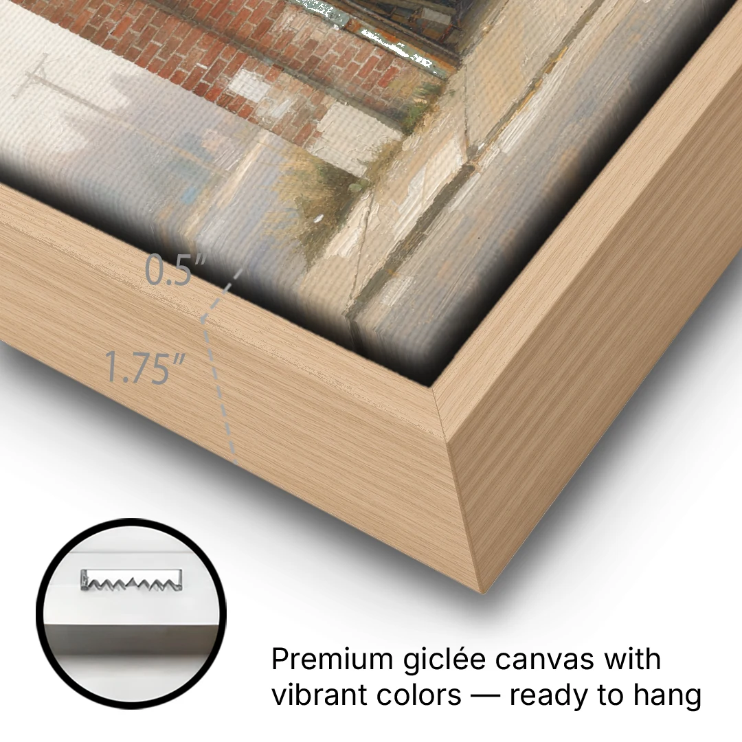 Vintage Garage Signs Service Over the Open Bay - Oak Framed Canvas Wall Art - Gallery Wrap Corner