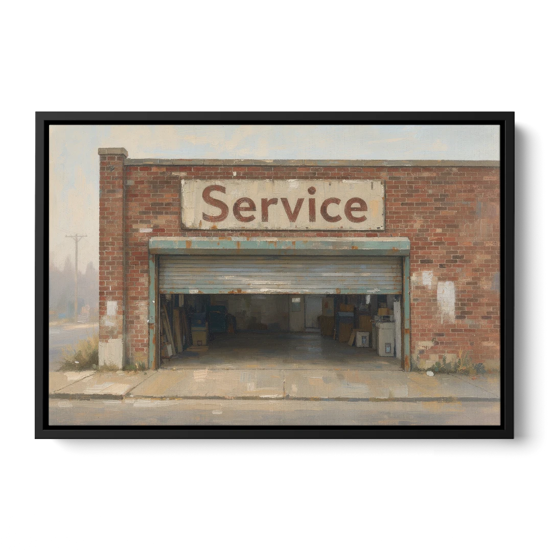 Vintage Garage Signs Service Over the Open Bay - Black Framed Canvas Wall Art - Front