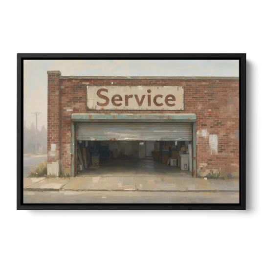 Vintage Garage Signs Service Over the Open Bay - Black Framed Canvas Wall Art - Front