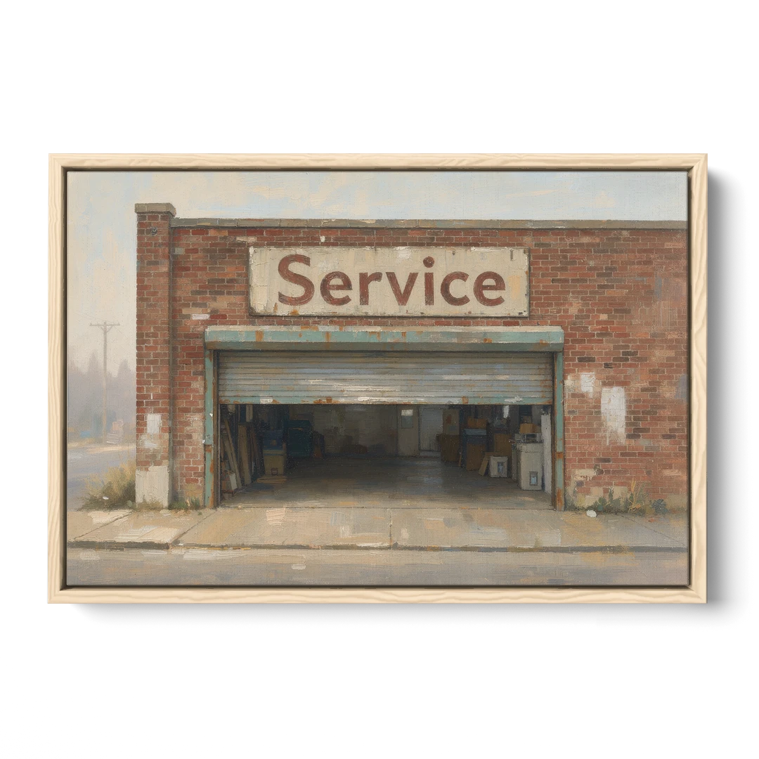 Vintage Garage Signs Service Over the Open Bay - Oak Framed Canvas Wall Art - Front