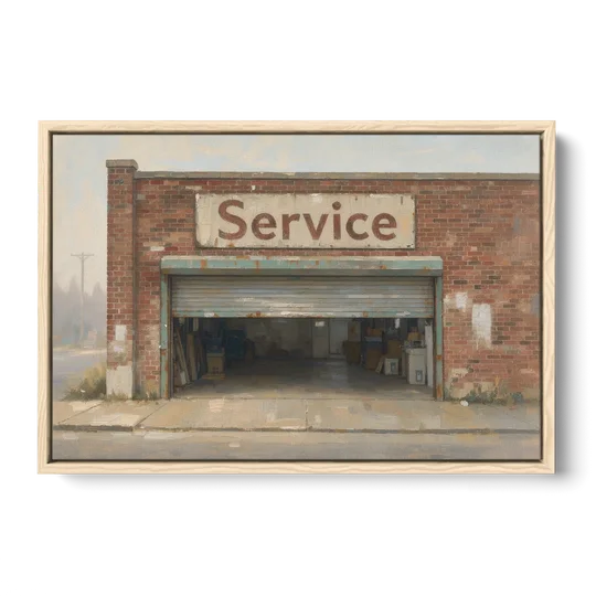 Vintage Garage Signs Service Over the Open Bay - Oak Framed Canvas Wall Art - Front
