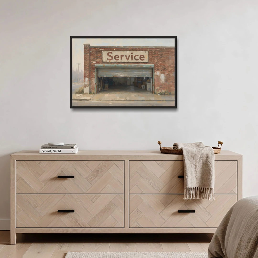 Vintage Garage Signs Service Over the Open Bay - Black Framed Canvas Wall Art - Coffee Table - 36x24