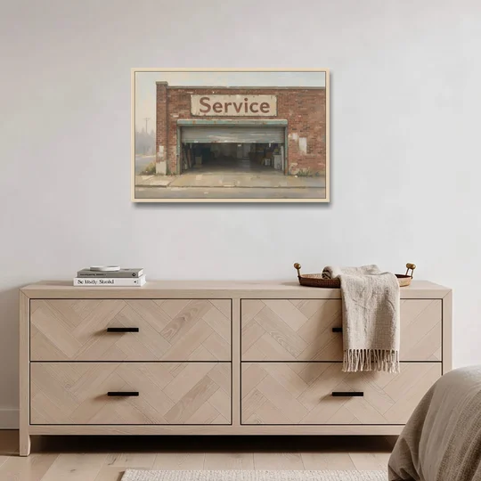 Vintage Garage Signs Service Over the Open Bay - Oak Framed Canvas Wall Art - Coffee Table - 36x24