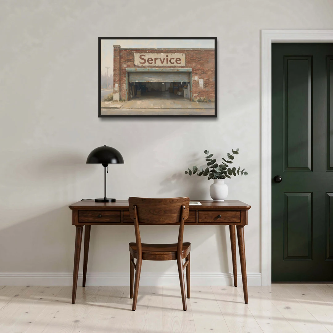 Vintage Garage Signs Service Over the Open Bay - Black Framed Canvas Wall Art - Office - 36x24