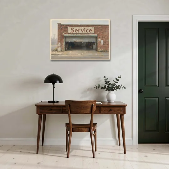 Vintage Garage Signs Service Over the Open Bay - Oak Framed Canvas Wall Art - Office - 36x24