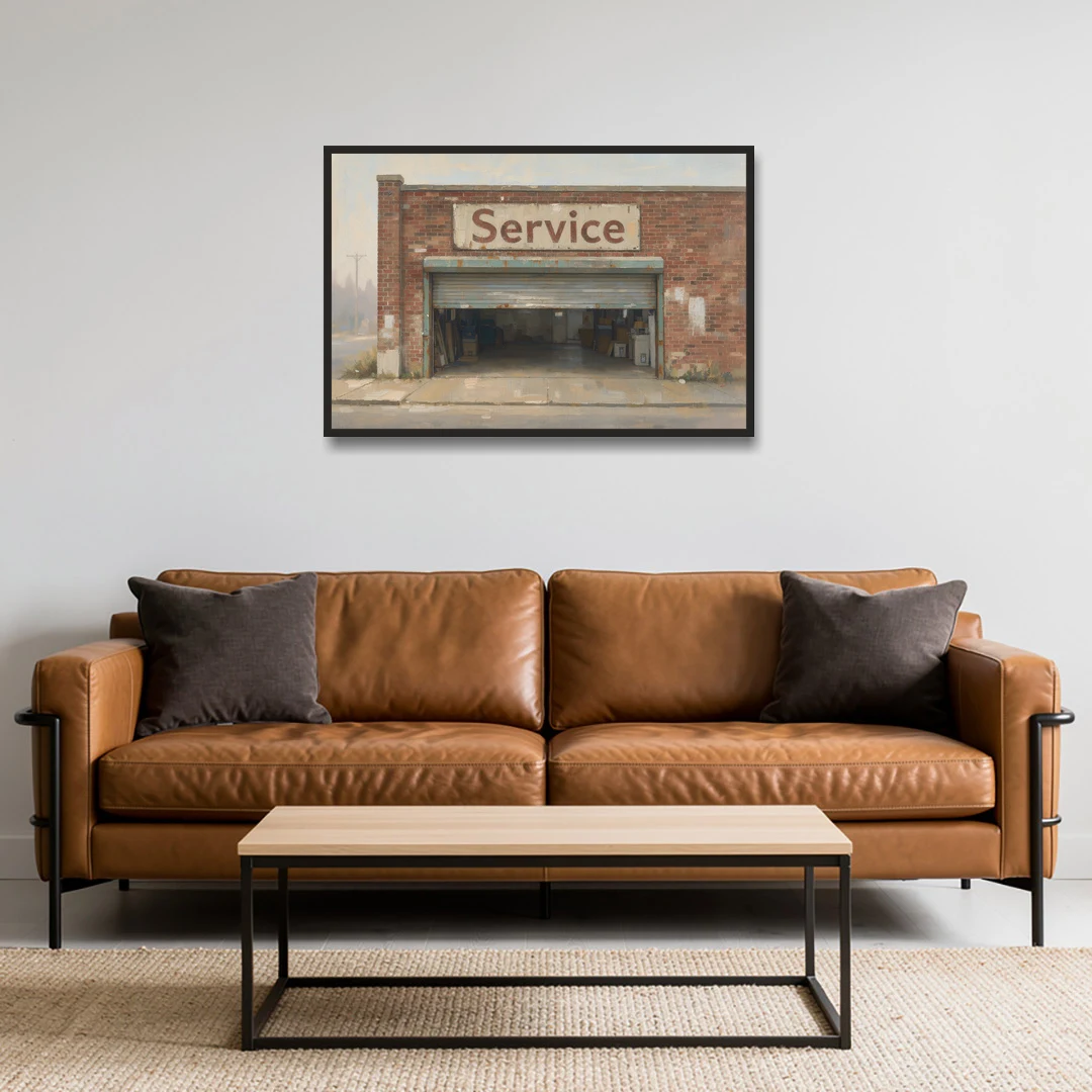 Vintage Garage Signs Service Over the Open Bay - Black Framed Canvas Wall Art - Sofa - 36x24